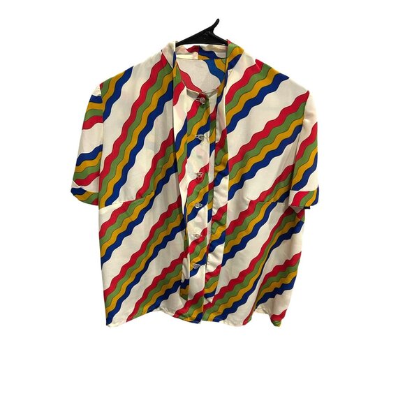 Multicolor Striped Short Sleeve Button Up Shirt with Scarf Tie - Picture 1 of 7